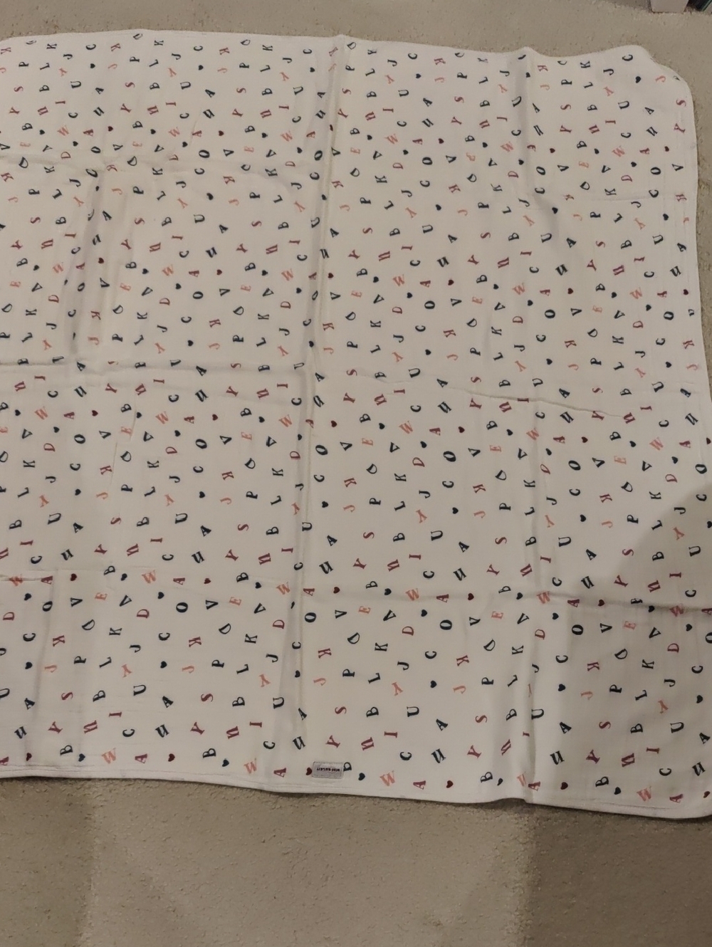 Bebe au Lait Soft Baby Blanket Navy & Coral Letters/Hearts Print Cottage Country